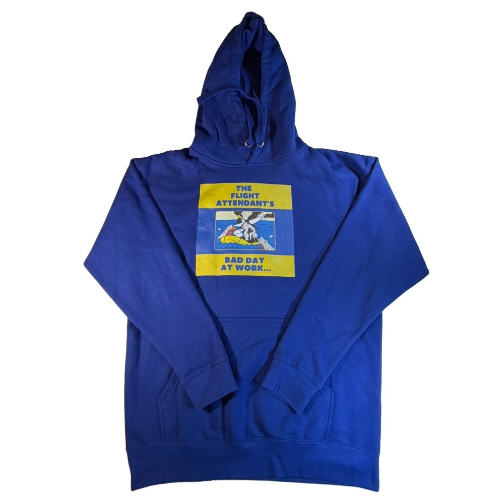 Flight Attendant Bad Day At Work Hoodie Men's L Blue Shark Airplane Crew Humor